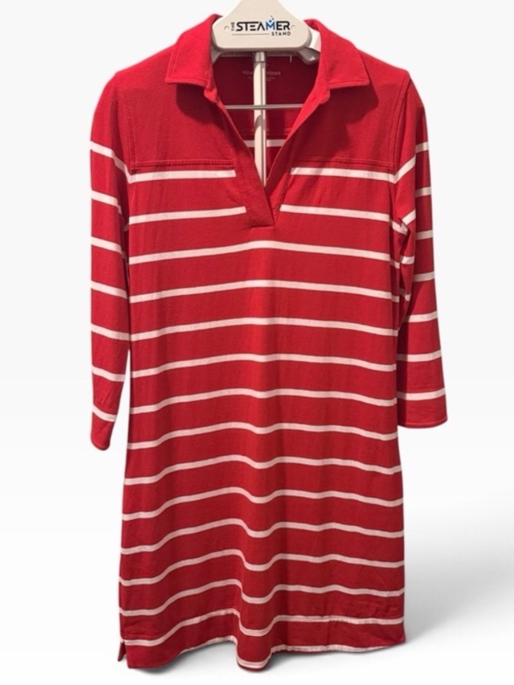 Vineyard Vines Margo Easy Knit Shirtdress Red White Striped 3/4 Sleeve Collar Md